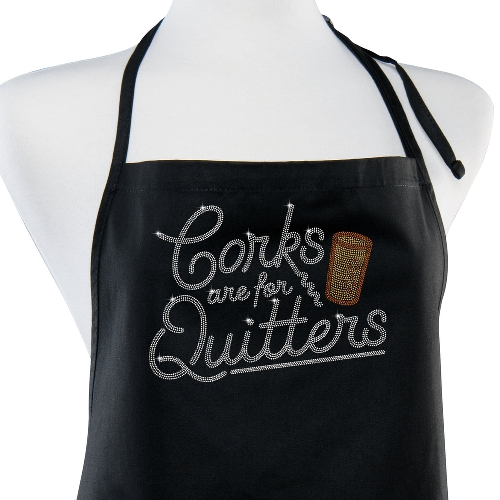 Black Apron with Rhinestone 'Corks Are For Quitters' One Size -  35" Long